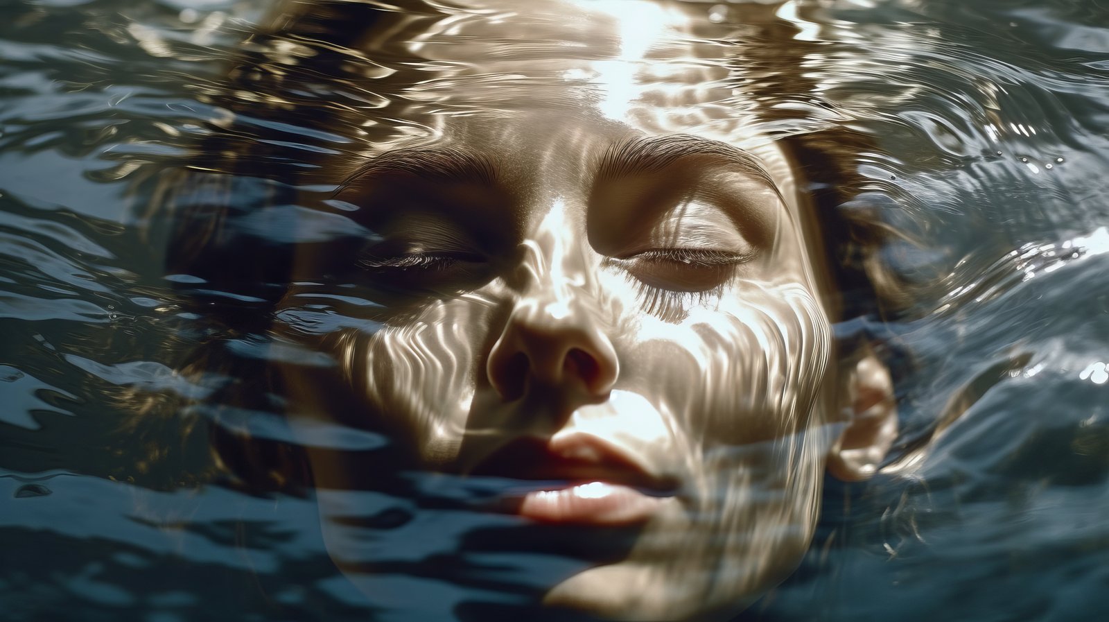 Sensual portrait of a girl in theatrical art style, a woman with closed eyes underwater. Created in AI.